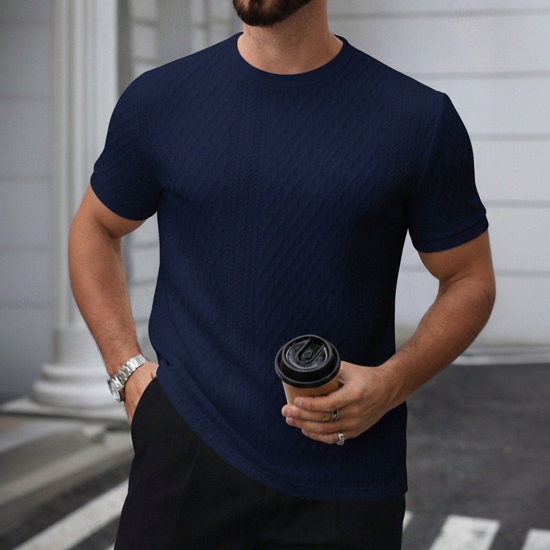 Homme T-shirt Manches courtes Col ras du cou Été Printemps Toutes saisons Couleur Unie Texturé Mode Designer Basique Jacquard Pur Occasionnel Vacances Décontracté Quotidien bleu marine T-shirt haut de 2026 ? $20.99 –P5