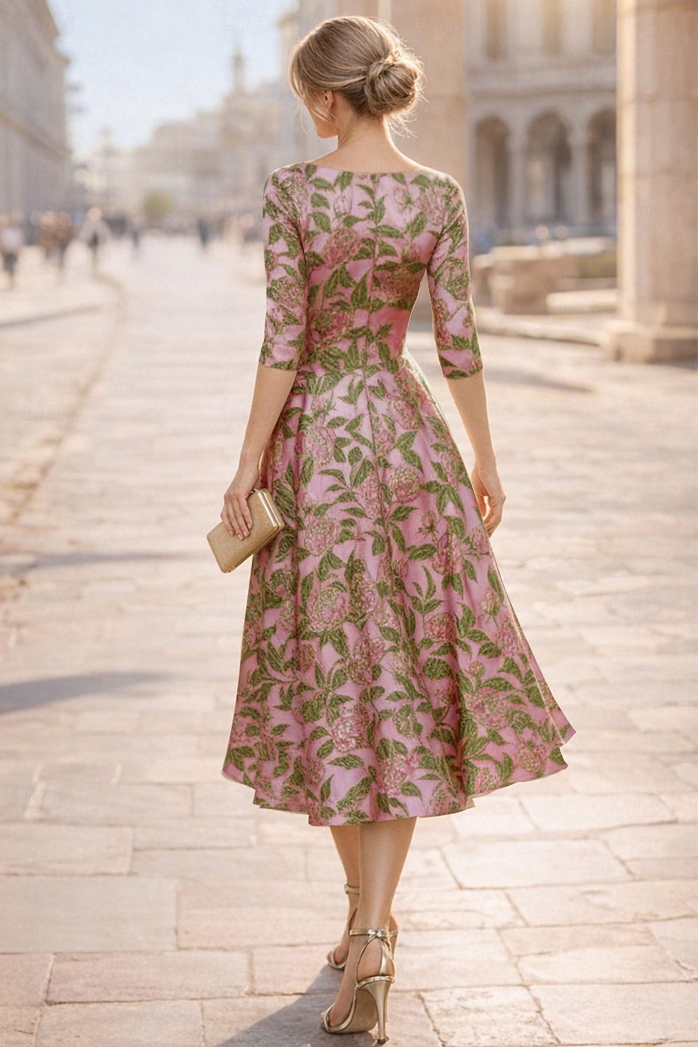 Linha A Longuette Vestidos de cocktail Elegante Floral Manga 3/4 Decote V Casamento Formal Bolsos Jacquard com Pregas de 2026 por $175.99 –P2