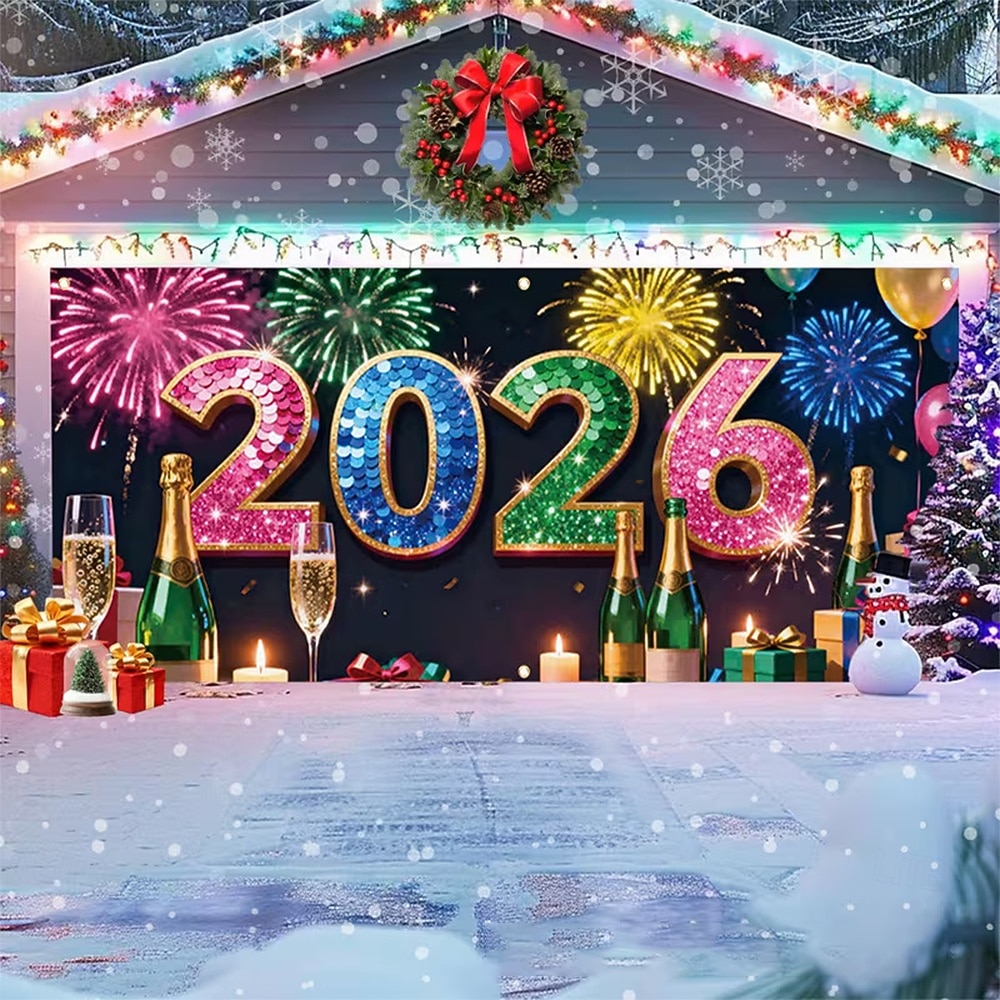 New Year Tapestry Garage Door Cover Large Hanging Backdrop Landscape Rustic Cottagecore 3D Party Outdoor Shooting Backgrounds Front Door Home Decor 2026 - $29.99 –P5