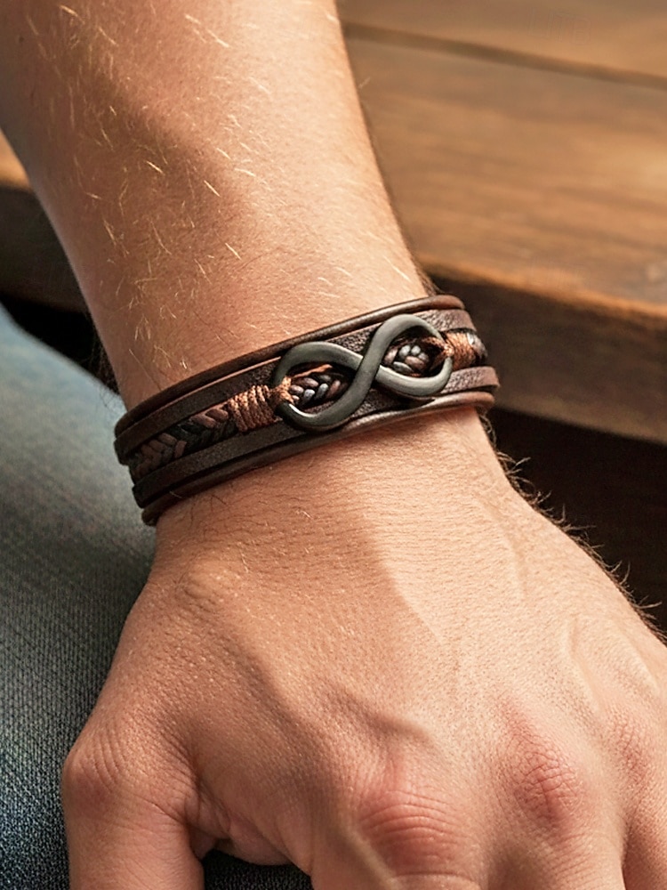 Мужской браслет в виде знака бесконечности из искусственной кожи и сплава, многослойная плетеная конструкция, винтажный стиль, различные цветовые варианты, идеально подходит для отдыха и повседневной носки. 2026 - $7.99 –P1