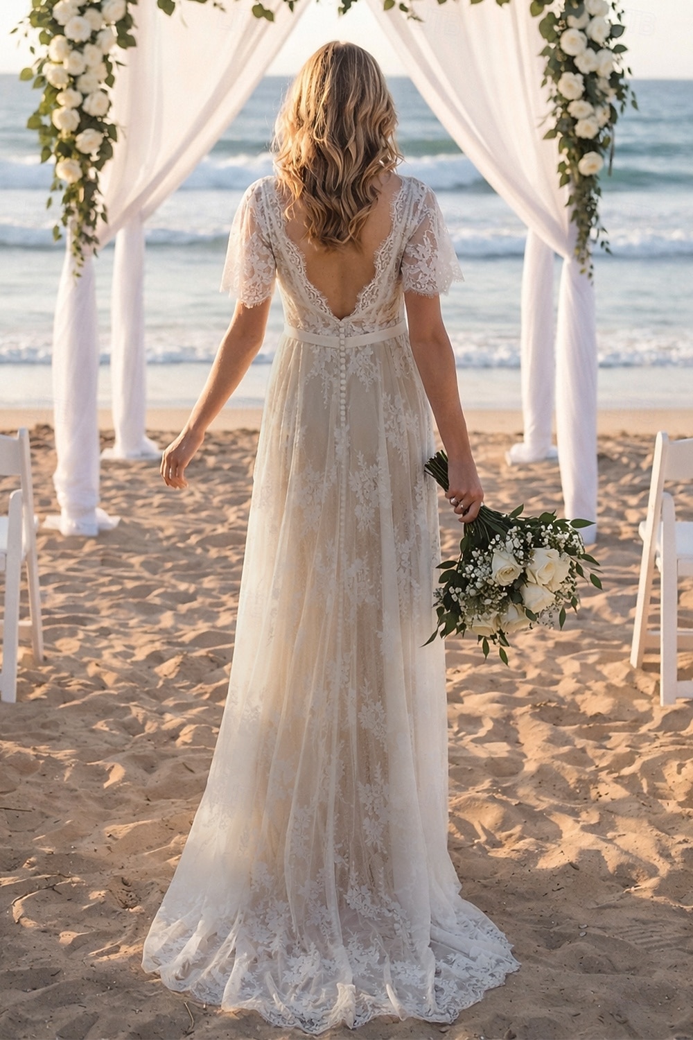 Matrimonio in spiaggia Abiti da sposa sexy in spiaggia in colore Abiti da matrimonio Boho A-Line Collo a V Manica corta Strascico  Spazzola Pizzo Abiti da sposa con sleghe  nastri Nastro  Nastro del 2026 a $235.79 –P1