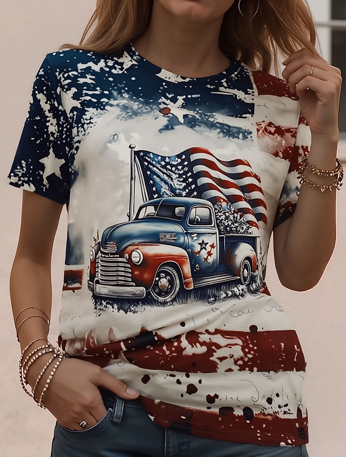 Tričko s krátkým rukávem pro ženy k americkému Dni nezávislosti grafika písmeno vintage stylové klasické krátký rukáv kulatý límec každodenní víkendový potisk modrá bílá-modrá žlutá 2026 - $22.99 –P1