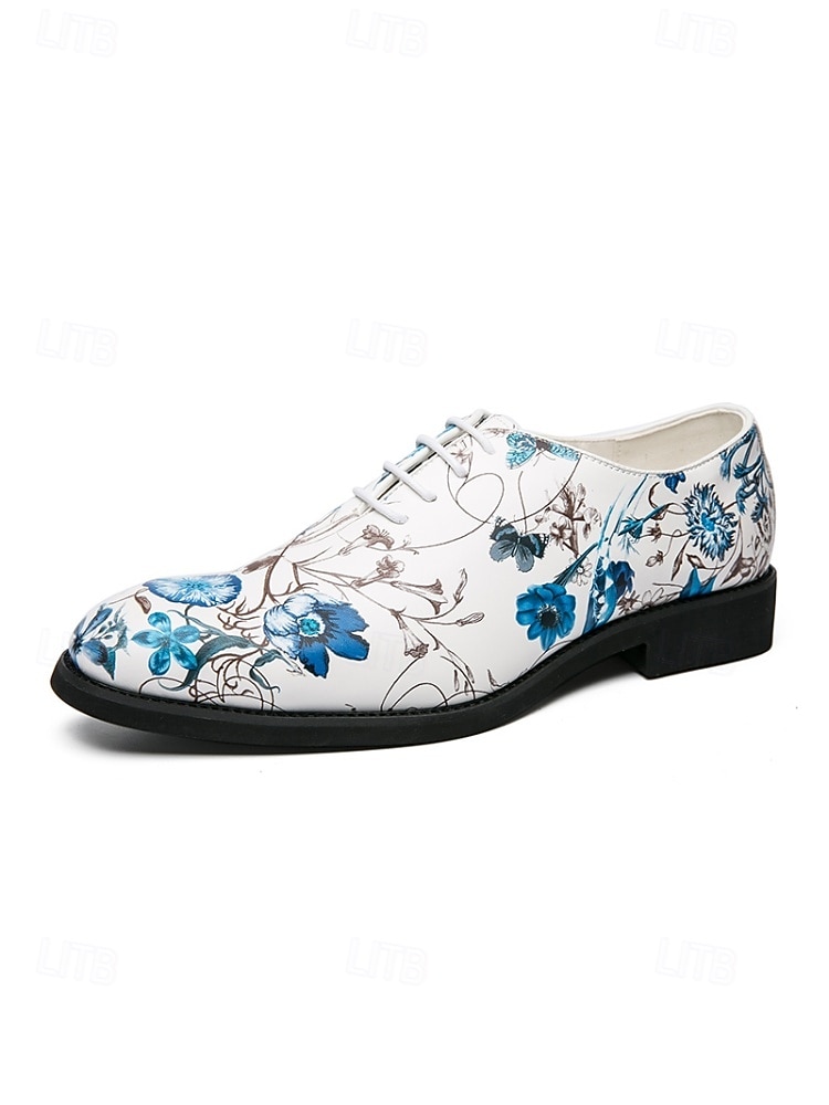 Chaussures habillées blanches pour homme à motif floral, broderie florale bleue, modèle Oxford à lacets, style élégant et formel pour mariages, fêtes et occasions spéciales. de 2026 ? $54.99 –P6