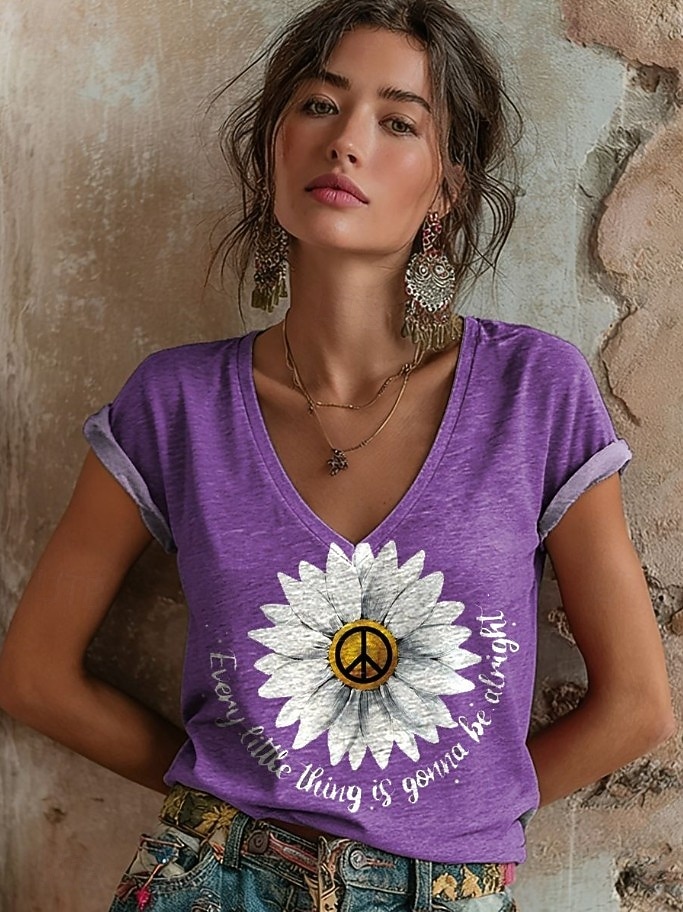 2026年 女性用 Tシャツ プリント フラワー グラフィック 抽象的 ヴィンテージ スタイリッシュ クラシック 半袖 Ｖネック ロングトップス 日常 ブルー ライトベージュ ピンク パープル 夏 春  コレクション – $21.99 –P4