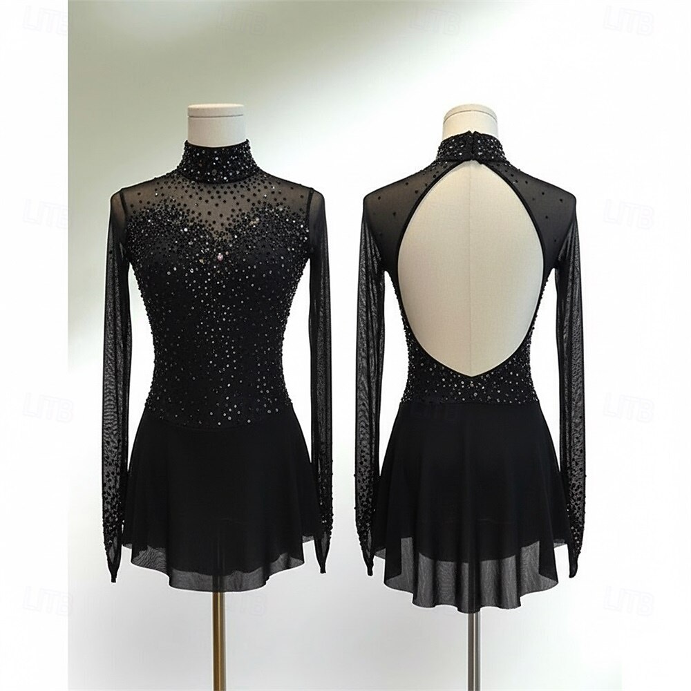 Rochie de Patinaj Artistic Pentru femei Πατινάζ στο πάγο Rochii Negru Peteci Mâneci cu Gaura Strech Înaltă Elasticitate Antrenament Competiție Ținută Patinaj Clasic Cristale / Strasuri Manșon Lung 2026 - $325.09 –P1