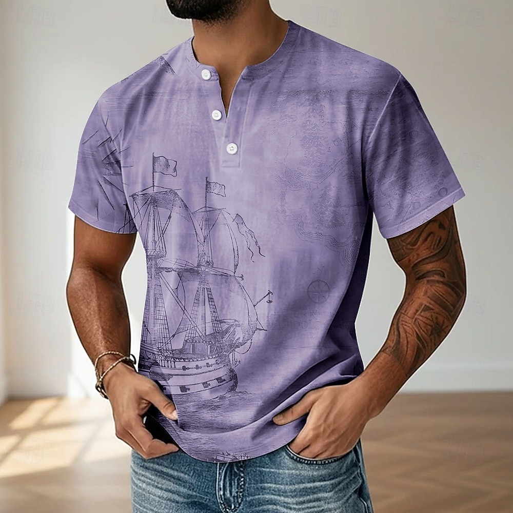 Herre Årgang T skjorte Henly-skjorte Kortermet Designer Retro / vintage Henley Avslappet Daglig Gate Sommer Vår Blå Grå Lilla Grønn Kakifarget Henley Henley T-skjorte 2026 - $18.99 –P3