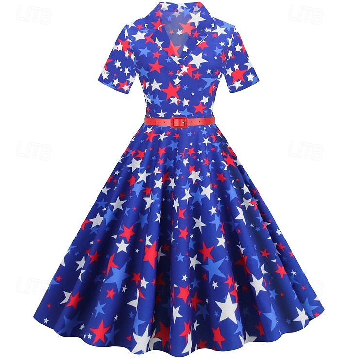 250. rocznica USA Lata 50. Retro / vintage Południe Sukienka Sukienka huśtawka Rozkloszowana sukienka Krótkie rękawy Krój A Strój na bal maskowy Damskie 4 lipca Dzień Niepodległości Dla dorosłych 2026 - $34.99 –P1