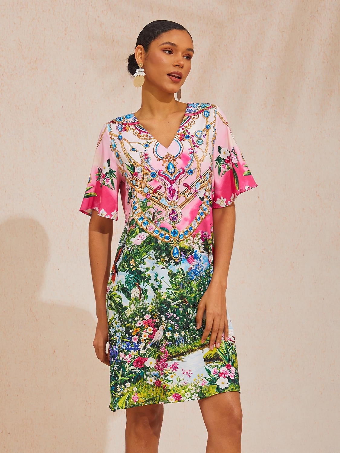 Ροζ μίνι φόρεμα μεταξωτό σατέν και διαμάντια σε ροζ απόχρωση jungle party 2026 - $79.99 –P1