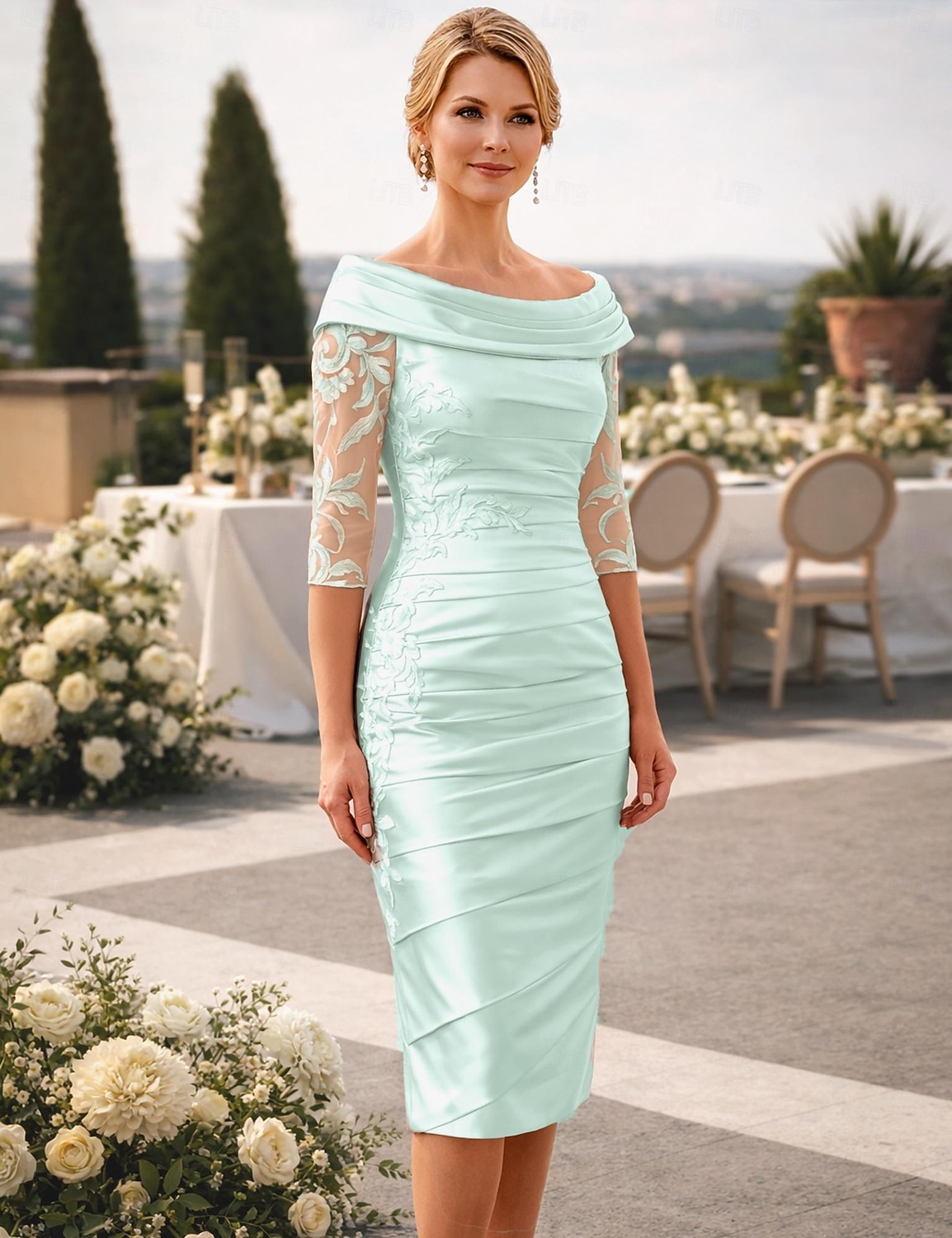 Funda Columna Hasta la Rodilla Vestido de Fiesta Vestido Cóctel Vestido Invitada Boda Vestido de Madrina Media Manga Hombros Caídos Elegante Invitado a la boda Fiesta de Boda Tafetán con Apliques 2026 - $183.99 –P6