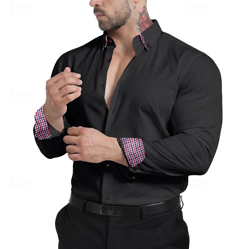 Herren Hemd Kleidhemd Bügelfreies Hemd Knopfhemd Farbblock Lässig Täglich Wein Langarm Umlegekragen Ganzjahres Bekleidung Patchwork 2026 - $29.99 –P6