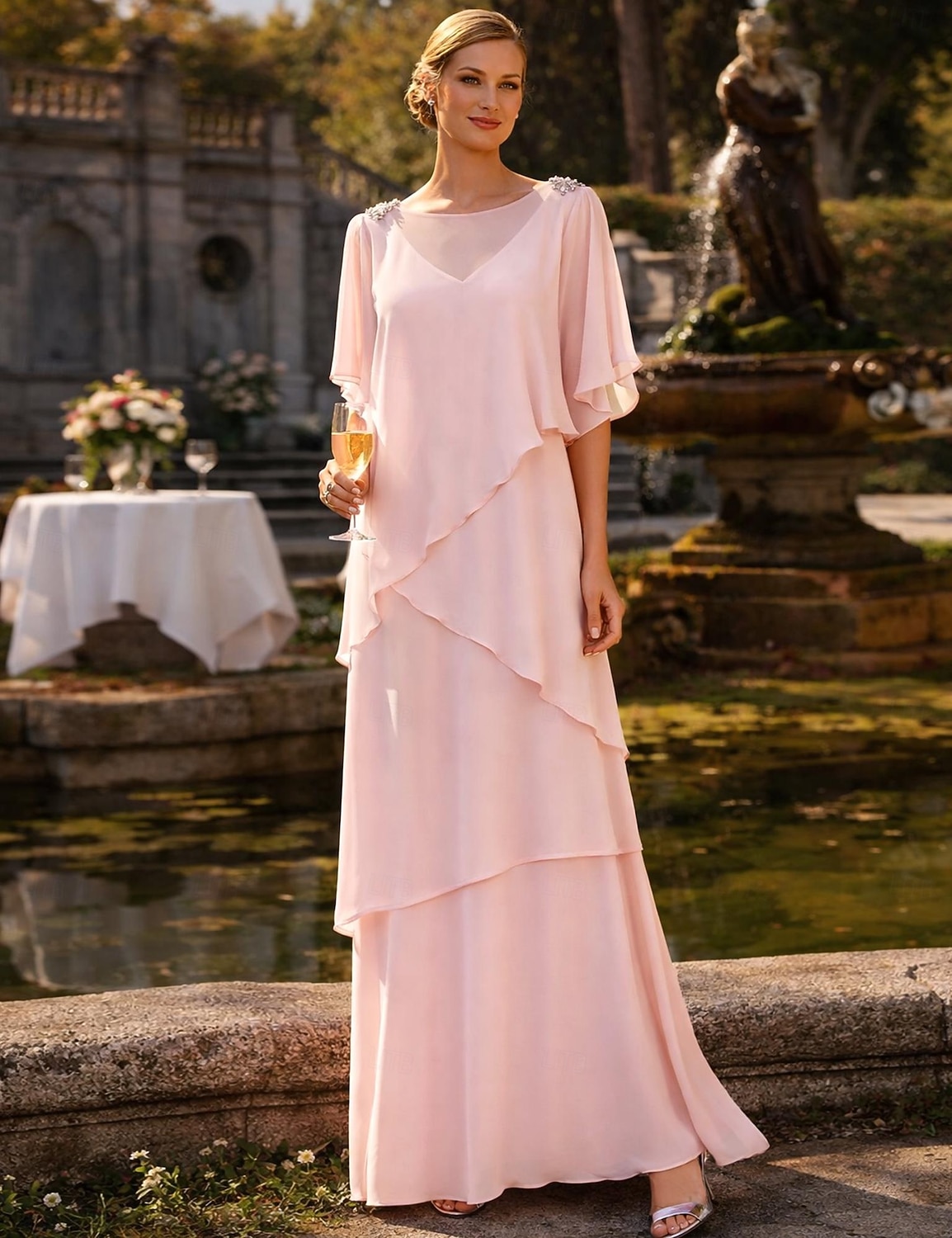 Linea ad A Lunghezza al pavimento Abito da invitata a nozze Abito Formale Abito a Strati Abito da cerimonia per signora Mezza Manica Scollo a Barca Elegante Formale Ospite di nozze Chiffon con Volant del 2026 a $183.99 –P1