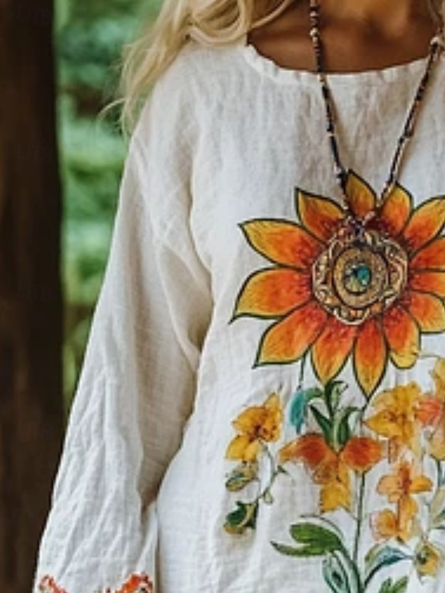 Dam Skjorta Boho skjorta Blus Mönster Blommig bohemliv Vintage Hawaiisk Långärmad Rund hals Vanliga toppar Dagligen Utekväll Standkläder Vit Sommar Vår Höst 2026 - $28.99 –P3