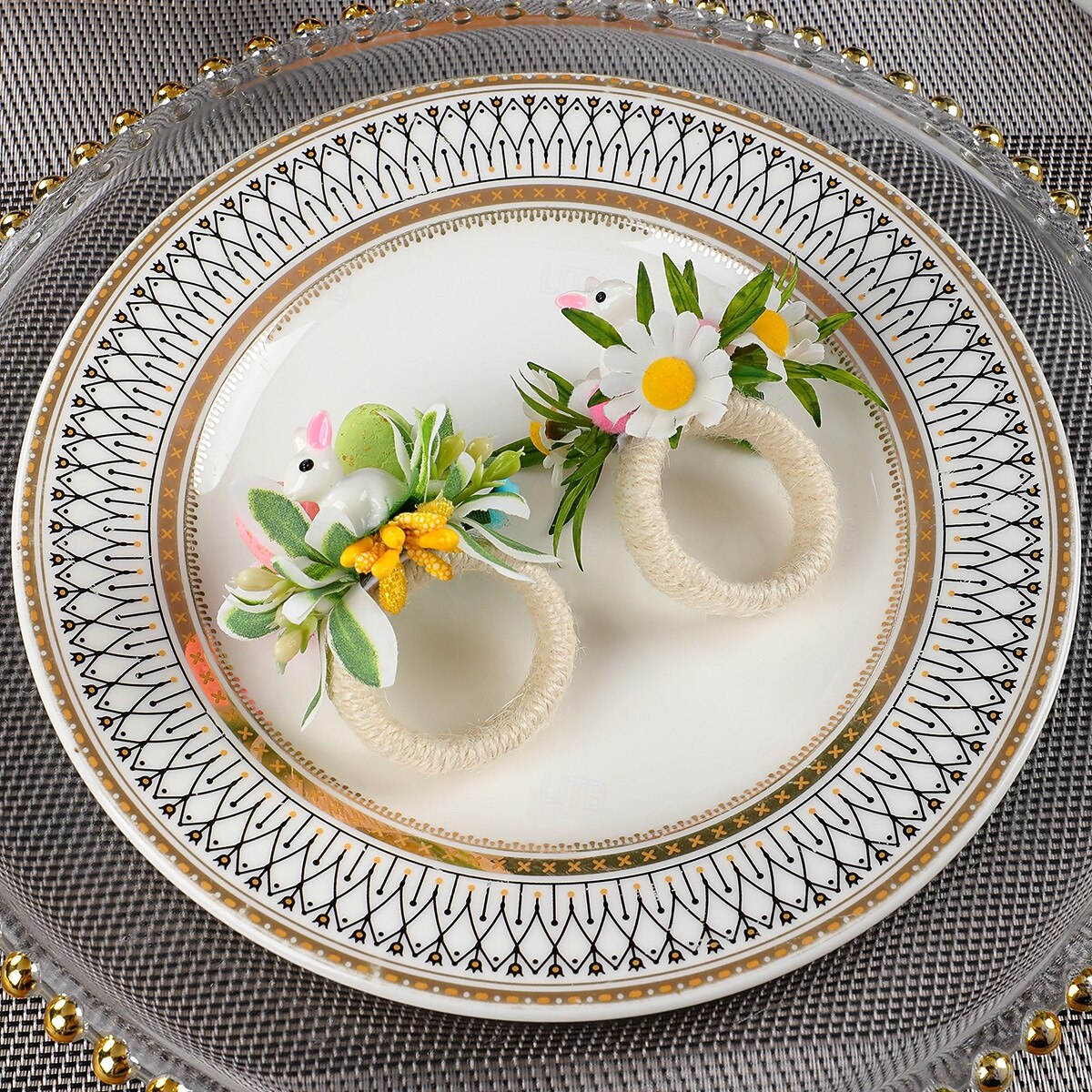 6 st servettringar med påskhare, servetthållare med vårblommor och kanin, spräckliga ägg och prästkragar, bordsdekorationer i lantlig stil för påskmiddag, gröna servettringar 2026 - $19.99 –P5