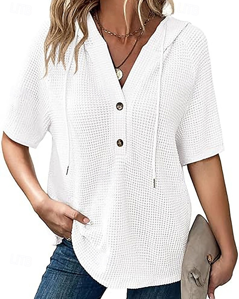 Dame Skjorte Bluse Lapper Knapper عادي Elegant Stilfull Klassisk Kortermet Med hette Vanlige topper Daglig Ferie Ut på byen Svart Hvit Rosa Rød Navyblå Sommer Vår 2026 - $29.99 –P3