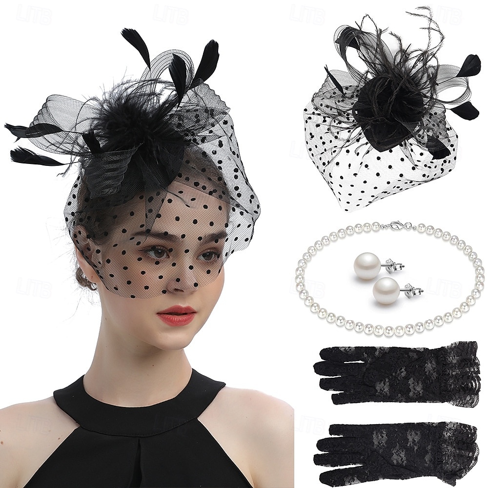 Derby Handschoenen Ketting Fascinator-hoed Vriendelijke vrouw Polka Dots Bloemig Polka dots Kostuum Dames Maskerade Feest Bruiloft Formeel Volwassenen Helm Handschoenen Oorbellen Lente 2026 - $21.99 –P1