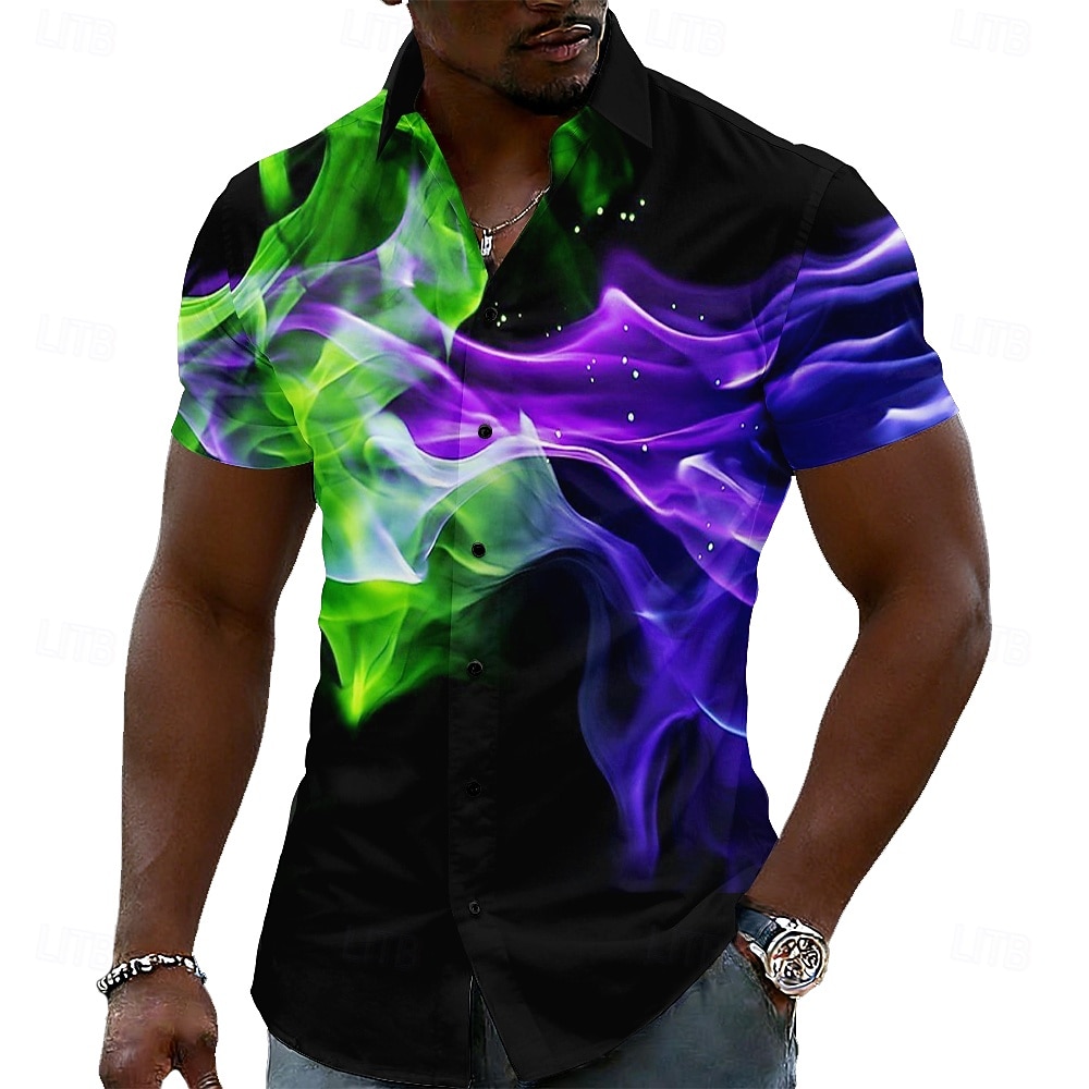 Men's Optical Illusion Flame Color-blocking Shirt Button Up Shirt Casual Dress Shirt Short Sleeve Fashion Casual Streetwear Vacation Spring Fall Turndown 3D Print Collared Shirts Blue Light Green 2026 - $25.99 –P1