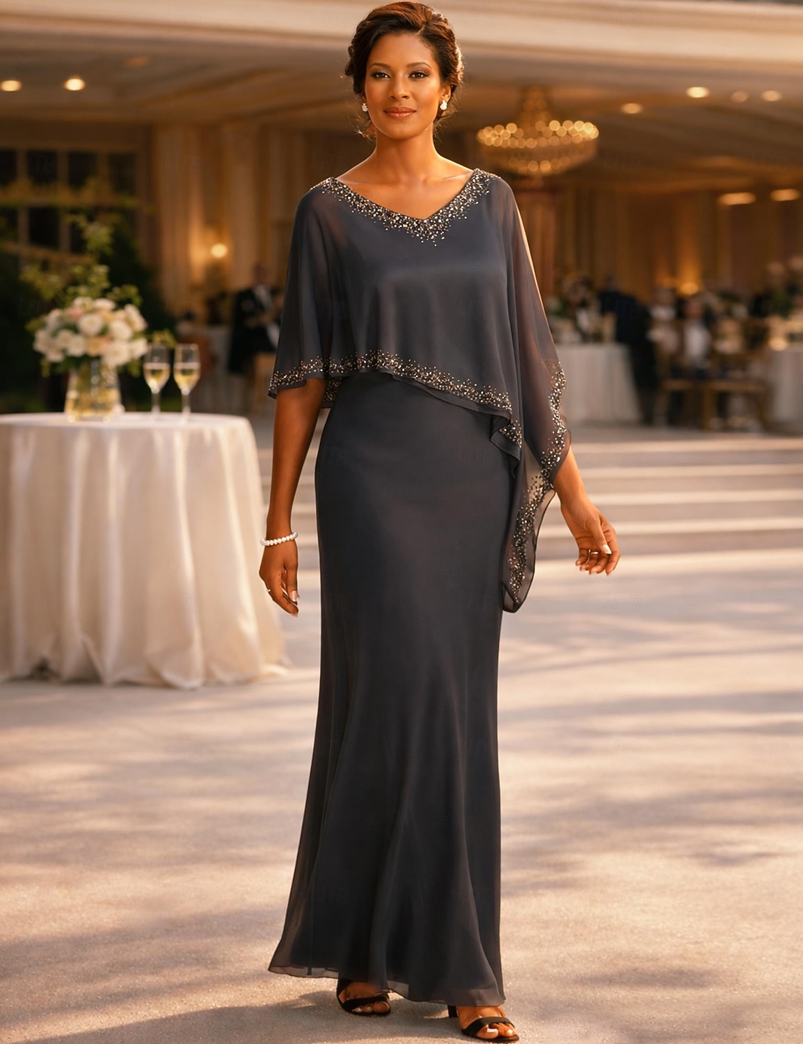 Sheath Column Floor Length Wedding Guest Dress Formal Dresses Evening Gown  Mother of the Bride Dress Half Sleeve V Neck Elegant Wedding Guest Chiffon  with Beading 2026 - $218.49