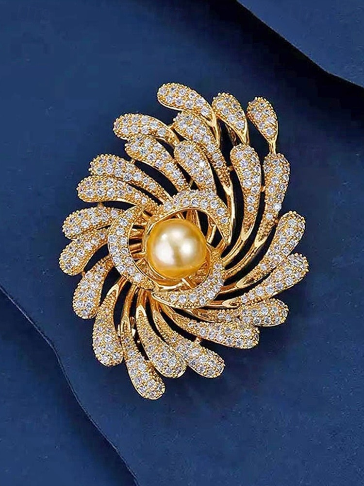 Spilla da donna in lega con perle finte, colori oro e argento, elegante design a spirale con fuochi d'artificio, perfetta per matrimoni e cene formali del 2026 a $11.99 –P5