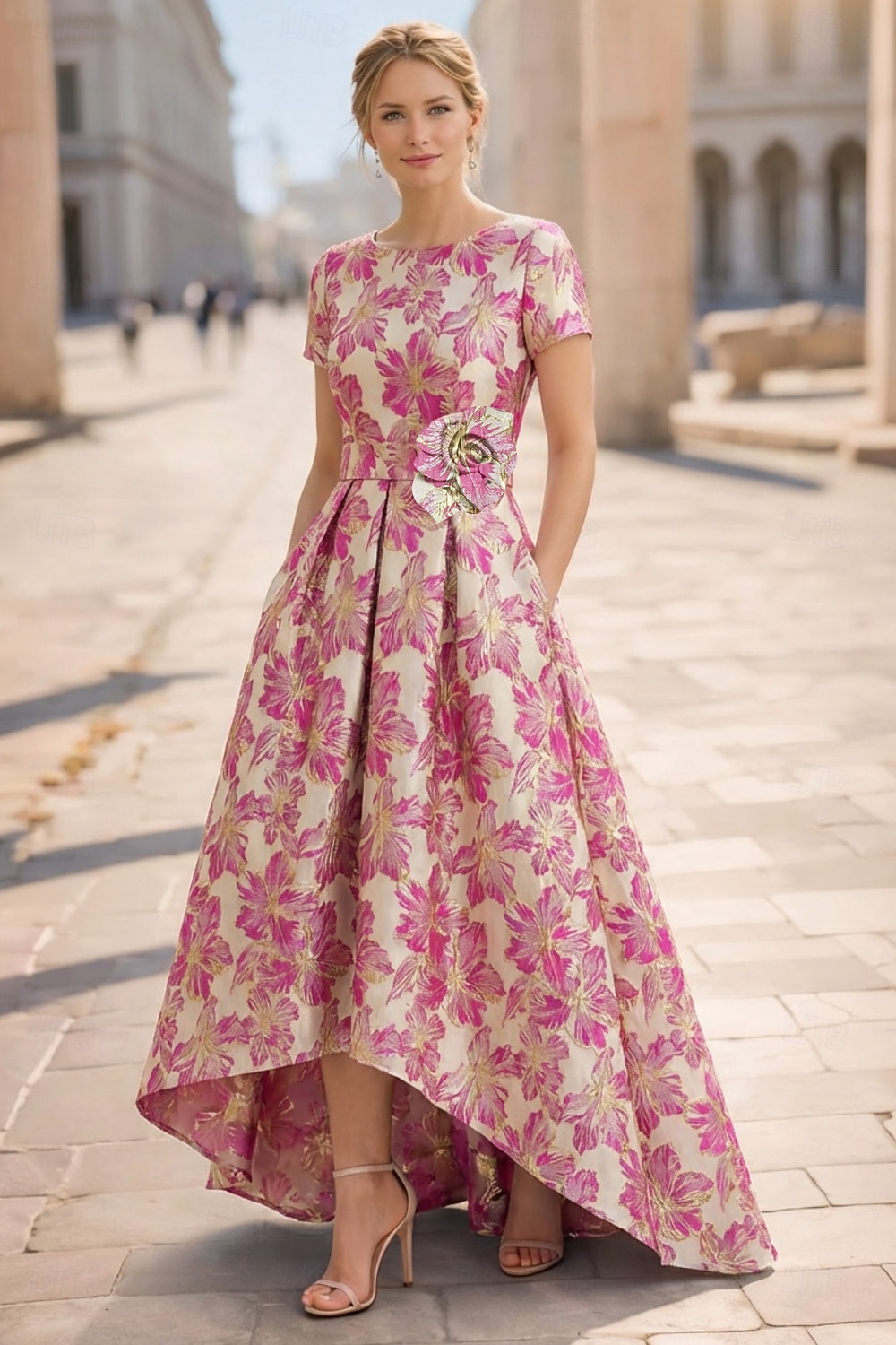 A-Line Asymmetrical Ankle Length Cocktail Dresses Elegant Vintage Floral Short Sleeve Crew Neck Garden Party Wedding Pocket Jacquard with Bow(s) Pocket 2026 - $154.79 –P6