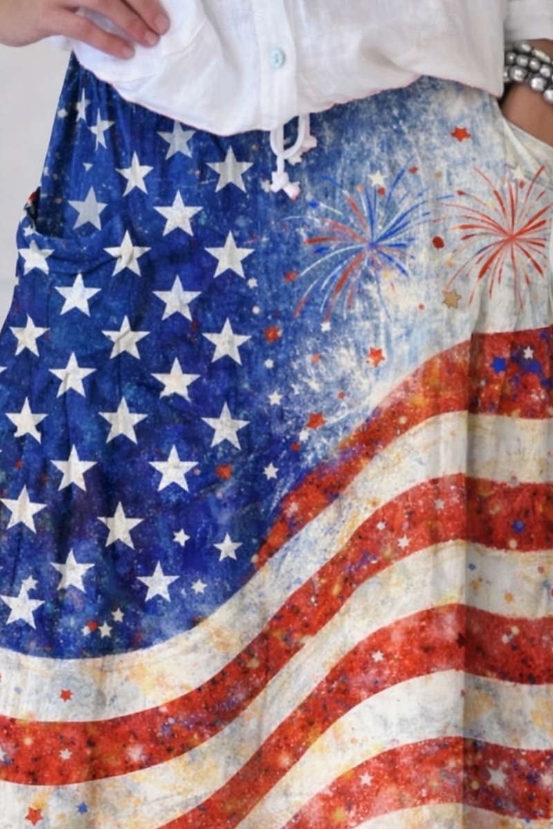 2026年 独立記念日レディースヴィンテージファッションカジュアルマキシハイウエストスカートグラフィックプリントマイクロエラスティックデイリーストリートブルーレッドサマーポリエステル  コレクション – $38.99 –P2