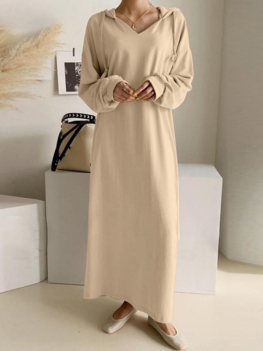 Per donna Abito maxi Abito a Tubino Casual Quotidiano Vestibilità comoda Semplice Manica Lunga Con Cappuccio Nero Marrone chiaro Grigio Primavera Autunno Inverno del 2026 a $25.99 –P1