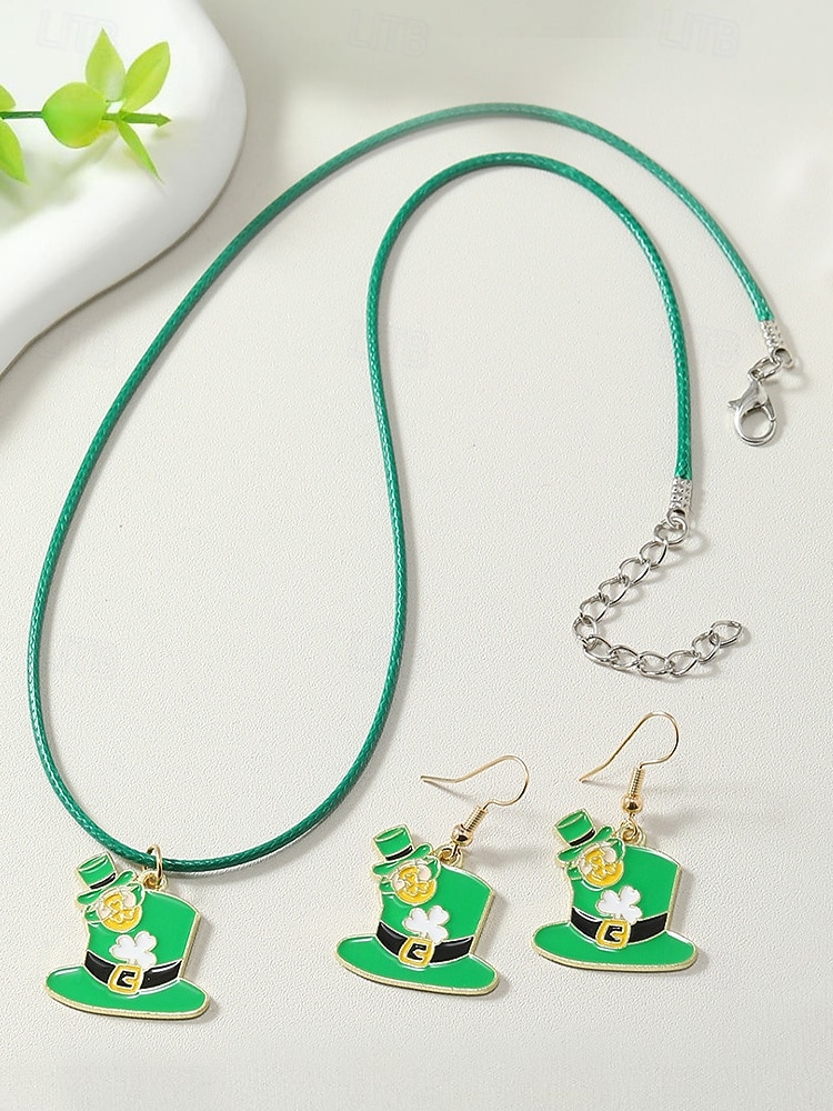 Női ötvözet anyagból készült Szent Patrik-napi nyaklánc és fülbevaló szett lóhere, kalap és lóhere mintákkal, tökéletes Szent Patrik-napra, mindennapi viseletre és ünnepi alkalmakra. 2026 - $11.99 –P7
