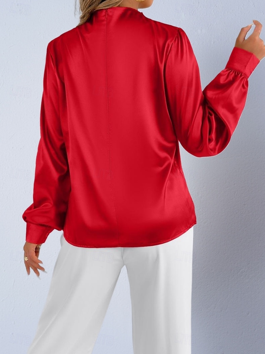 Dames Overhemd Satijnen overhemd Normaal shirt Met ruches Effen Stijlvol Basic Klassiek Lange mouw Hoge nek Normale tops Dagelijks Feestdagen Uitgaan Zwart Wit Wijn Rood Lente Herfst 2026 - $22.99 –P20