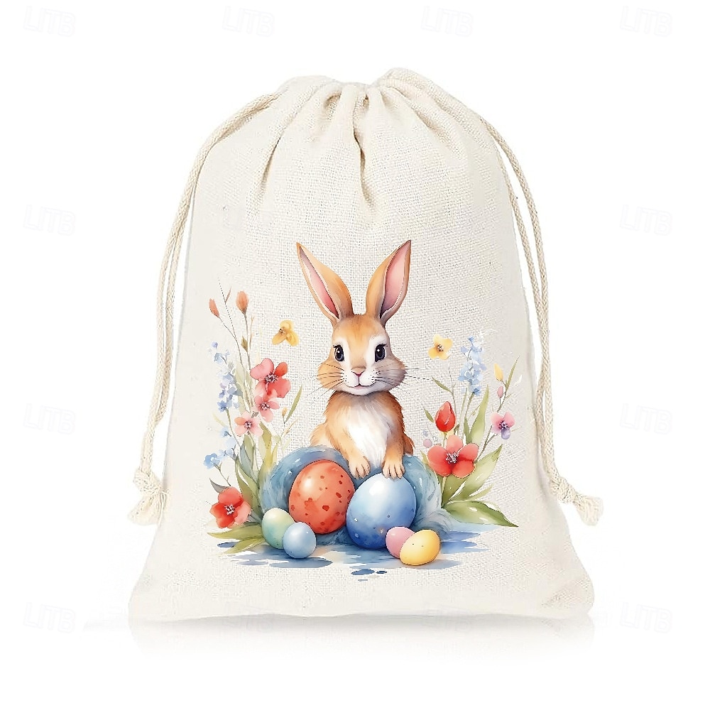 2026年 イースターバニープリントの黄麻布巾着袋（パステルカラーのバニー付き）12個入り &花柄、卵を集めるかわいいウサギ、イースターエッグハント、ベビーシャワー、結婚式、春のパーティー用のポリエステル製イースターギフトバッグ  コレクション – $16.99 –P6