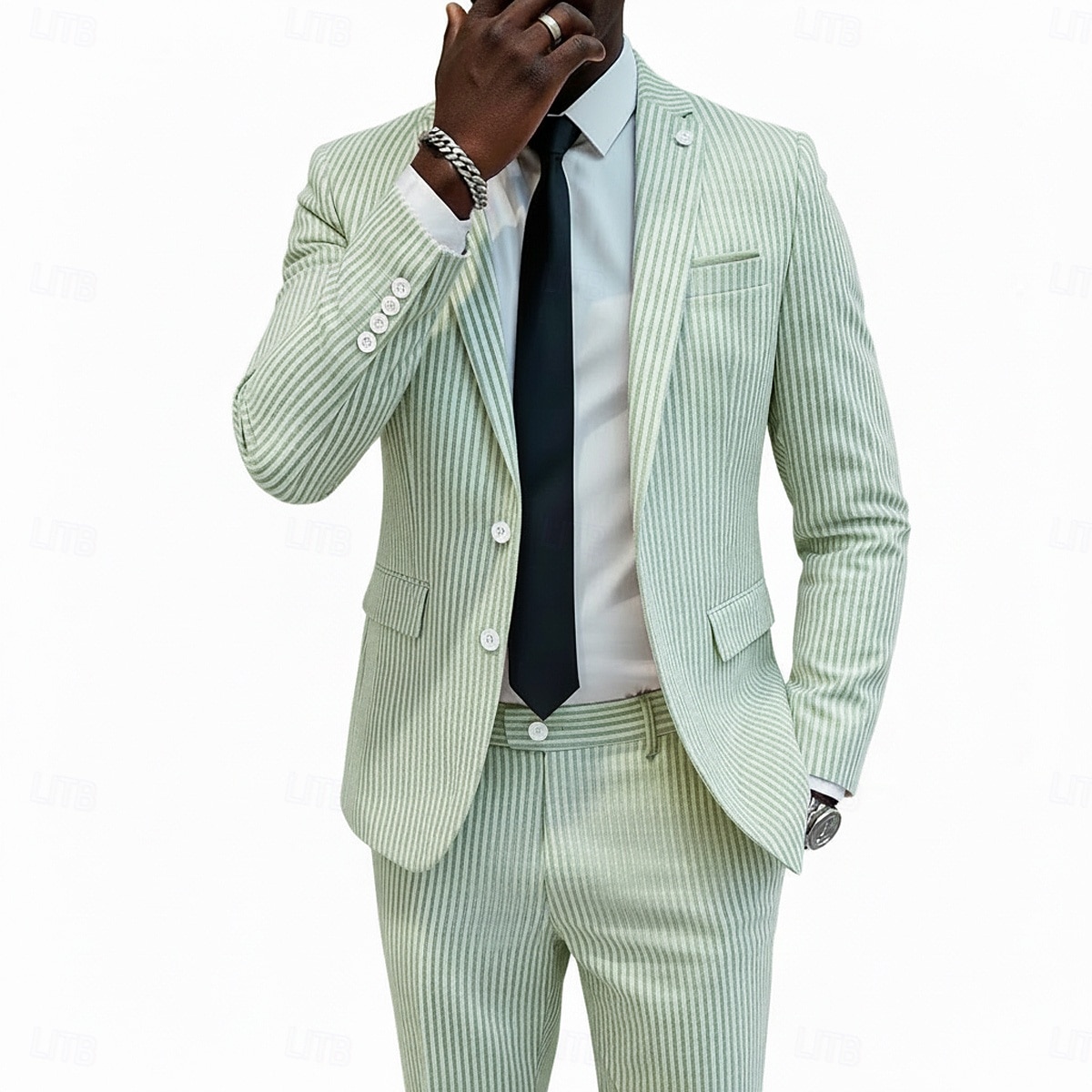Pour des hommes Costumes en seersucker Mariage à la plage Mariage de printemps Rose Claire Bleu Ciel Printemps & Été Costume / Tailleur Revers Cranté Occasionnel Formel Rayé Coupe Slim 2 pièces de 2026 ? $109.99 –P3