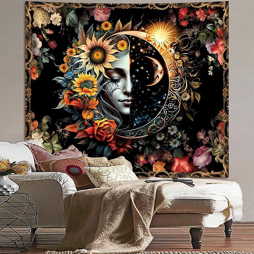 Gobelín slunce a měsíc na zeď, nebeské květiny, slunečnice, růže, boho hippie nástěnné umění do ložnice, obývacího pokoje, jógy, meditační dekorace 2026 - $19.99 –P5