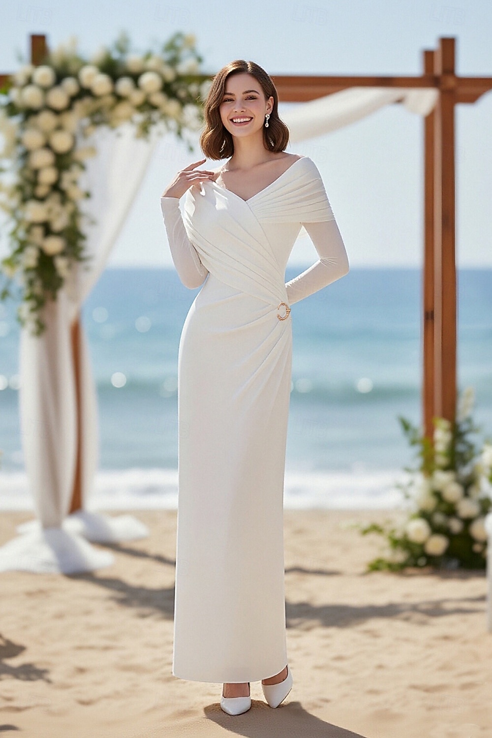 Sheath Column Floor Length Wedding Guest Dress Little White Dress Elegant Little White Dresses Long Sleeve Off Shoulder Wedding with Ruched 2026 - $103.99 –P1