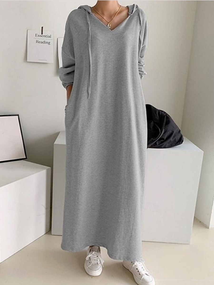 Per donna Abito maxi Abito a Tubino Casual Quotidiano Vestibilità comoda Semplice Manica Lunga Con Cappuccio Nero Marrone chiaro Grigio Primavera Autunno Inverno del 2026 a $25.99 –P7