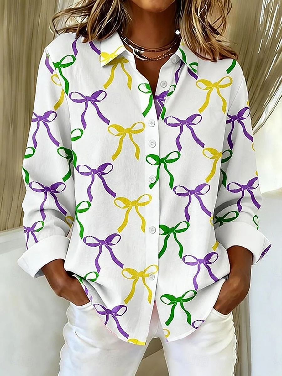 Karnawał Mardi gras Damskie Koszula Bluzka Niejednolita całość Guziki Nadruk Ombre Graficzny Geometryczny Zabytkowe Codzienny Długi rękaw W serek Kołnierzyk koszuli Zwykłe topy Codzienny Biały Zielony 2026 - $32.99 –P2