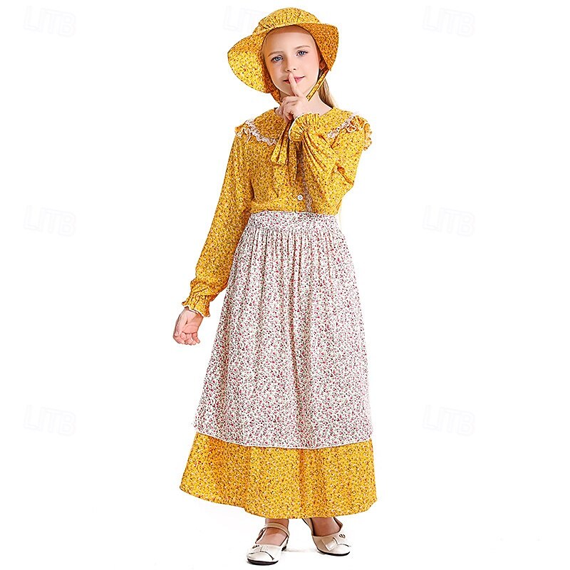 250e jubileum VS 19e eeuw jaren 1800 Prairiejurk Bonnet en schortset Lange Mouwen Pionier Meisje Koloniaal Pionier Onafhankelijkheidsoorlog Bloemig Kostuum Voor meisjes Halloween Carnaval 4 juli 2026 - $38.99 –P4