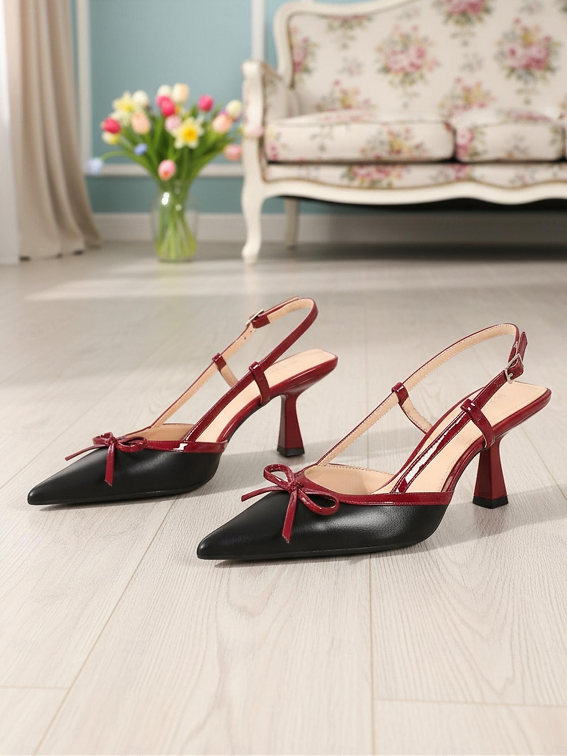 Rote und schwarze Vintage-Slingback-Pumps im Stil der 1950er-Jahre mit Schleife – elegante Retro-Pumps mit spitzer Zehenpartie und mittelhohem Absatz für romantische Dates, Valentinstag, Hochzeiten 2026 - $54.99 –P8
