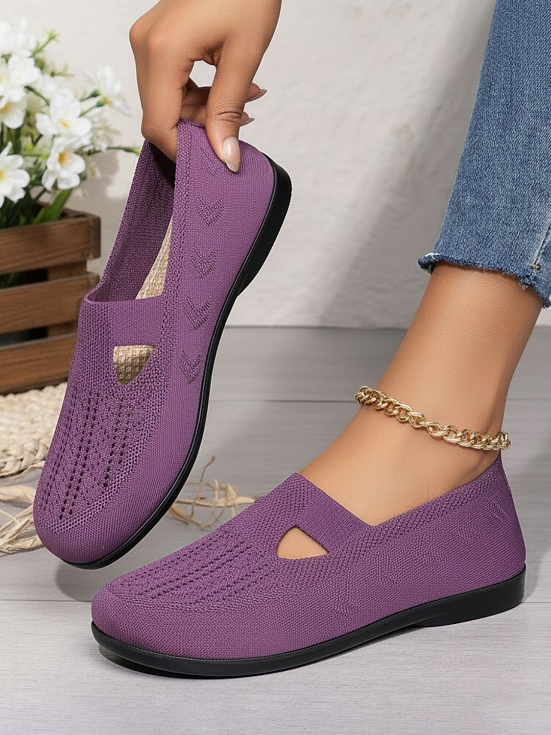 Paarse, ademende gebreide ballerina's voor dames met een brede pasvorm – lichtgewicht, elastische instapschoenen, minimalistische casual stijl voor wandelen, werk, reizen en dagelijks comfort. 2026 - $24.99 –P4