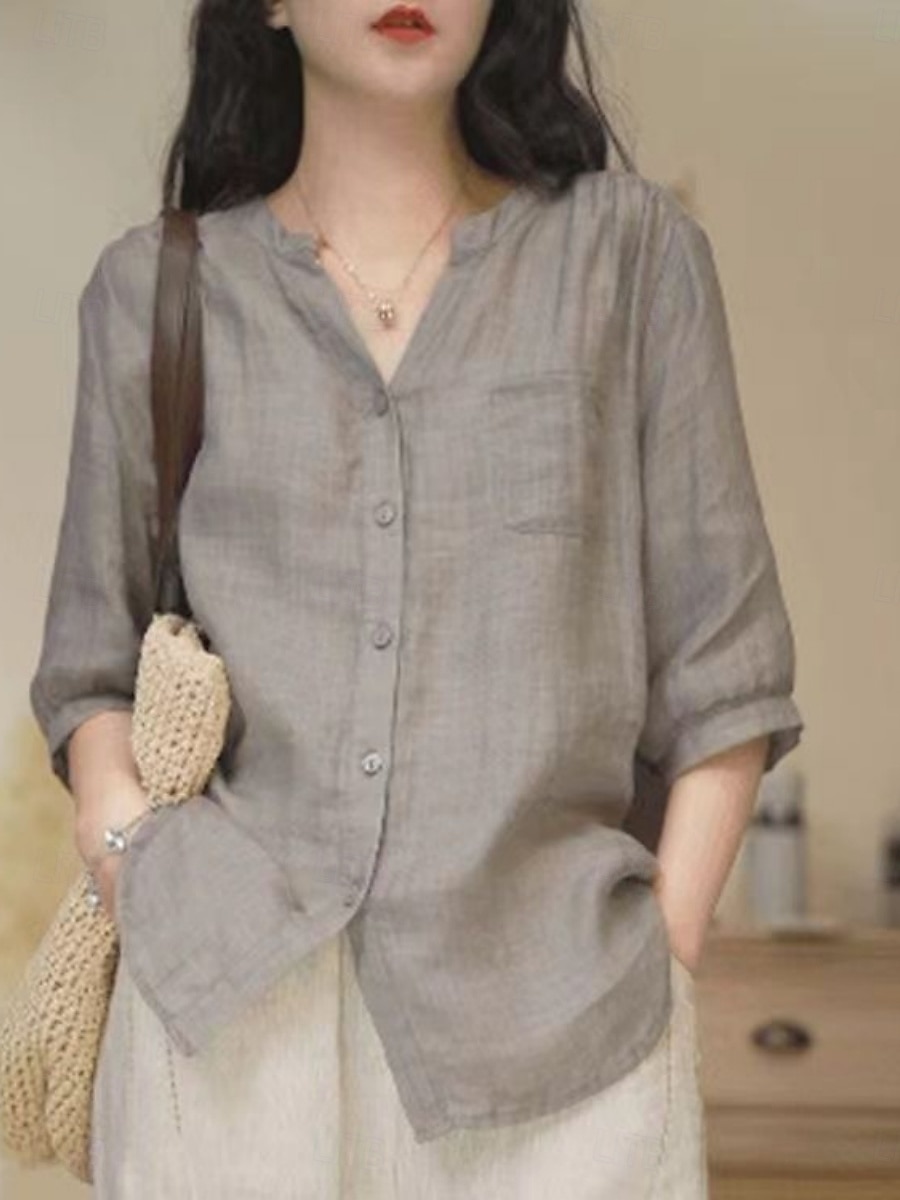 Per donna Camicie effetto lino Tasca Tinta unica Quotidiano Essenziale Casual Manica Lunga Scollo a V Top Regolari Quotidiano Blu Bianco Blu marino Arancione Verde Estate Primavera Autunno del 2026 a $21.99 –P4