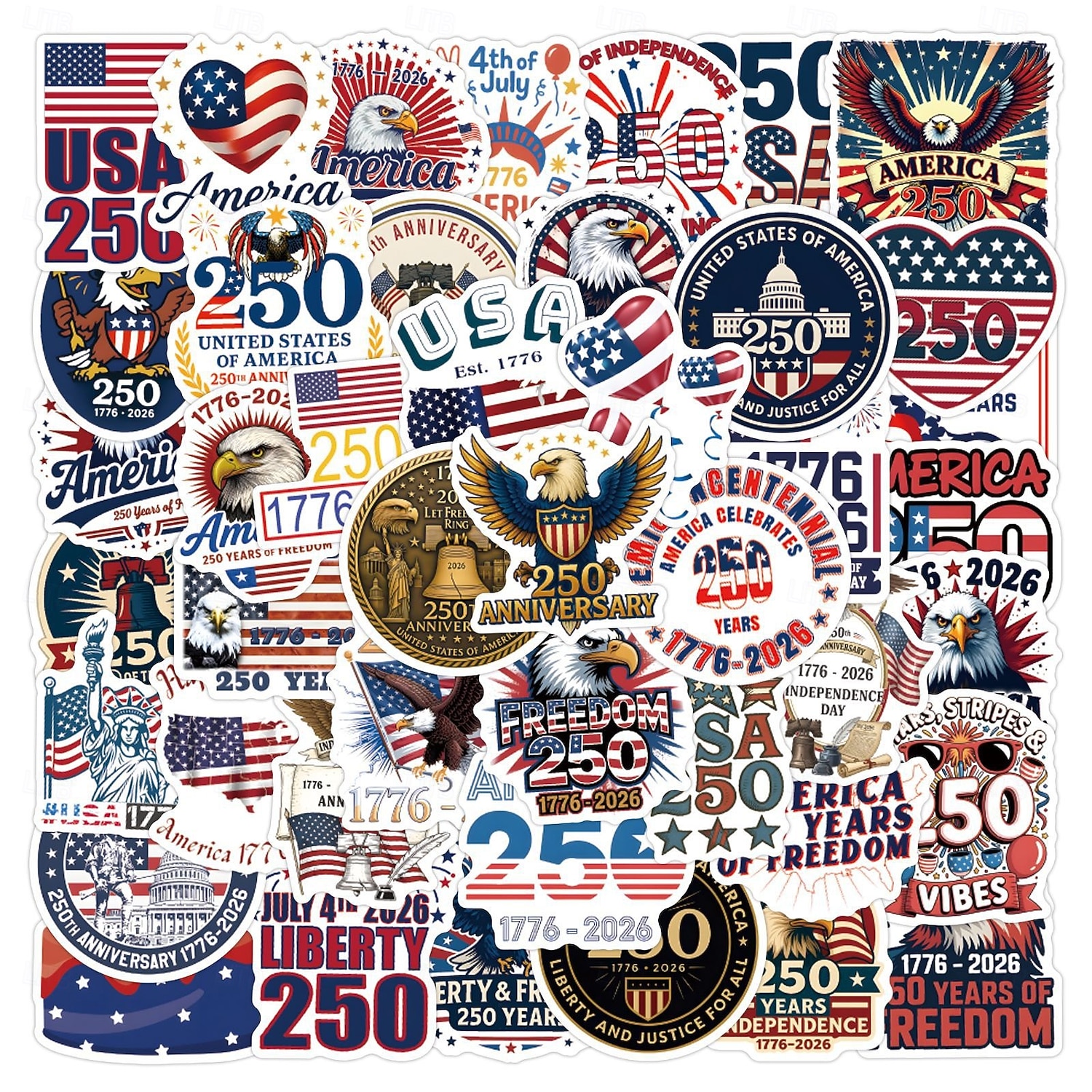 55 patriotische Aufkleber zum 250. Jahrestag, wasserfeste Vinyl-Aufkleber mit amerikanischer Flagge für Wasserflaschen, Laptop-Dekorationen zum Unabhängigkeitstag (4. Juli) 2026 - $9.99 –P1
