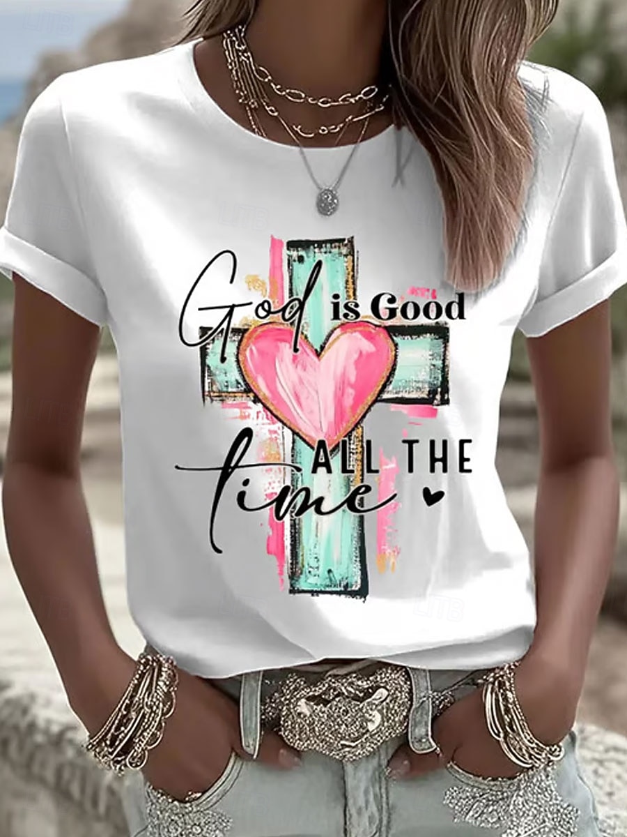 Damen T Shirt Druck Grafik Buchstabe Vintage Stilvoll Klassisch Kurzarm Rundhalsausschnitt Normale Oberteile Täglich Blau Schwarz Weiß Rosa Sommer Frühling 2026 - $22.99 –P1