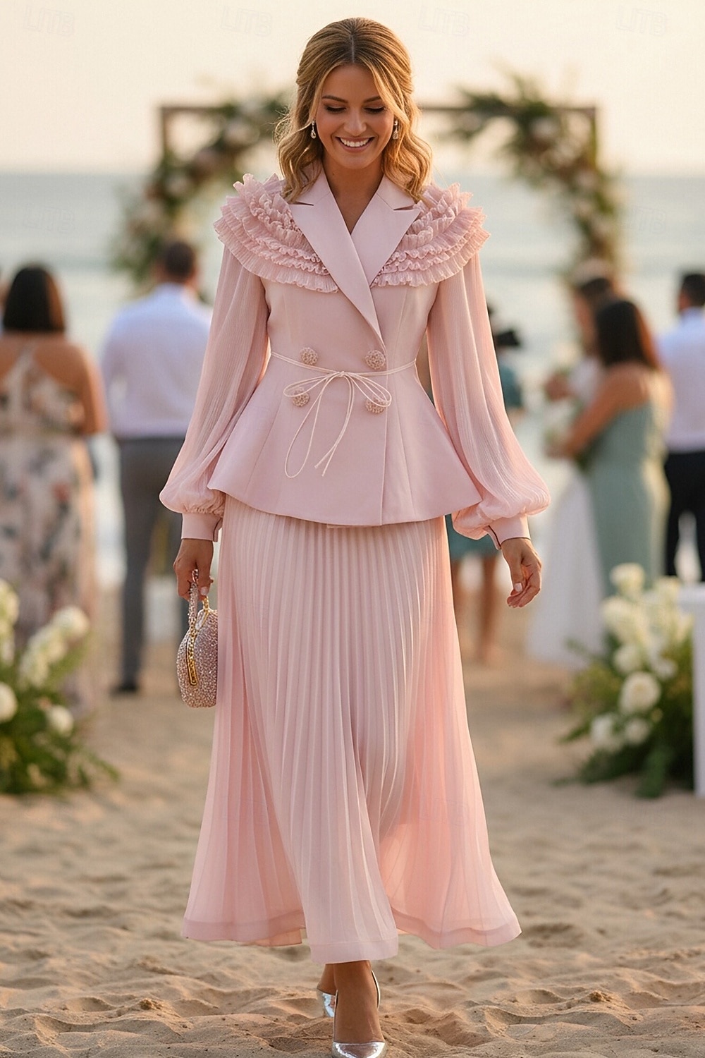 Zweiteilig A-Linie Knöchellänge Kleid für Hochzeitsgäste Kleider für Hochzeitsgäste Elegant Vintage Täglich Langarm Revers Gartenparty Hochzeit mit 3D-Blumen Falten 2026 - $137.99 –P1
