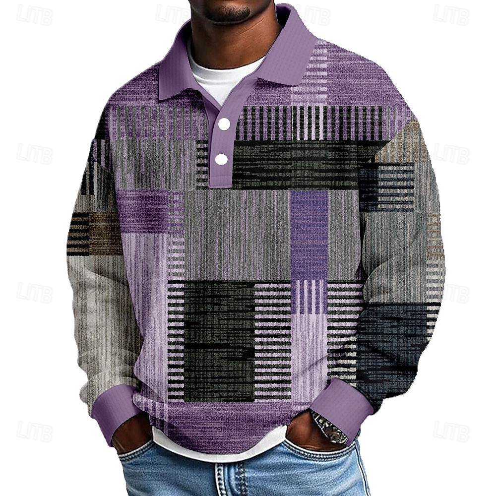 Homme Géométrique Bloc de Couleur Chemises Polo Gaufre Texturé manche longue Polos Revers Occasionnel Athleisure Tenue quotidienne Impression 3D Printemps Automne Hiver Bleu Violet Marron de 2026 ? $12.99 –P2