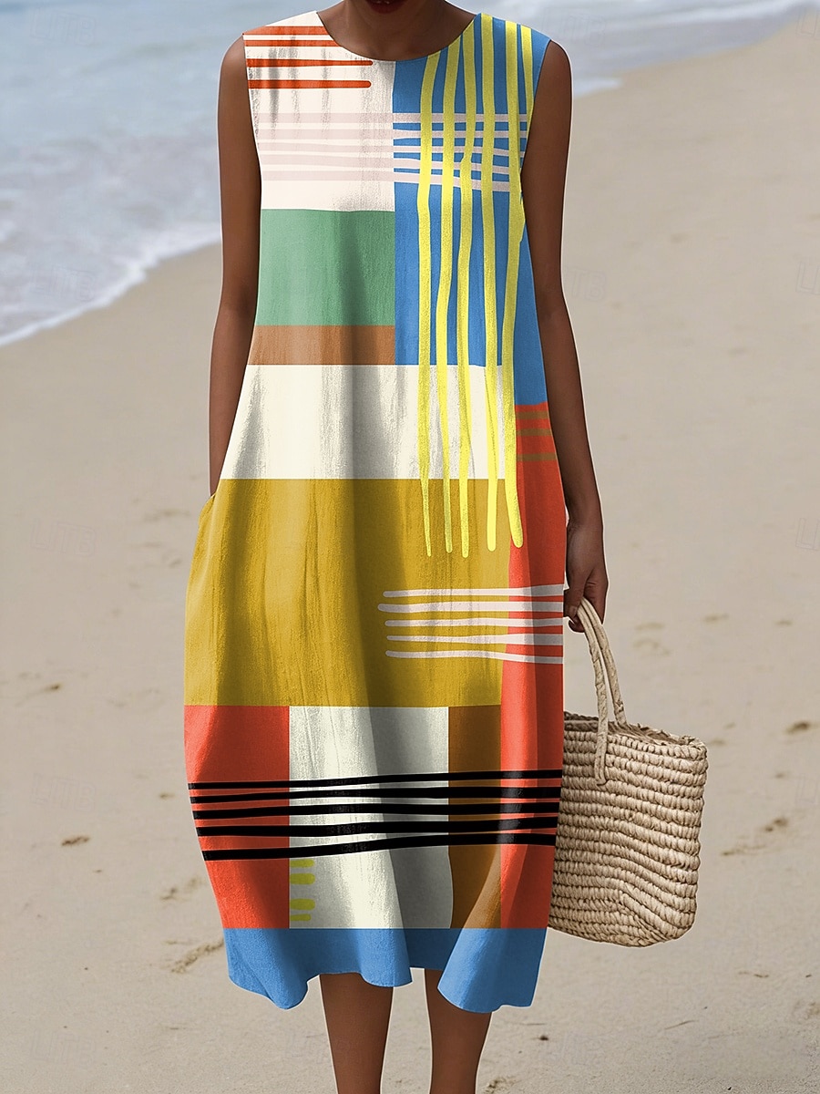Women's Midi Dress Linen Like Shift Dress Casual Beach Going out Loose Fit Graphic Geometric Sleeveless Crewneck Blue Light Yellow Yellow Purple Summer Spring 2026 - $39.99 –P1