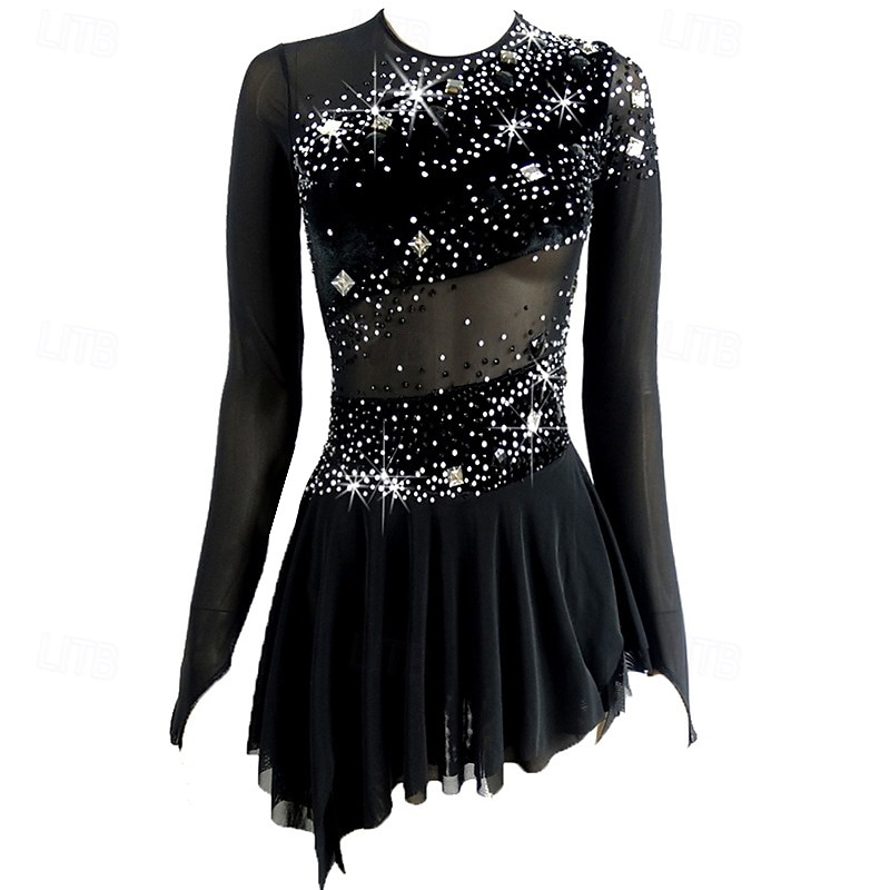 Figure Skating Dress Women's Girls' Ice Skating Dress Outfits Black Open Back Asymmetric Hem Spandex Mesh High Elasticity Competition Skating Wear Sequin Long Sleeve Figure Skating 2026 - $140.99 –P1