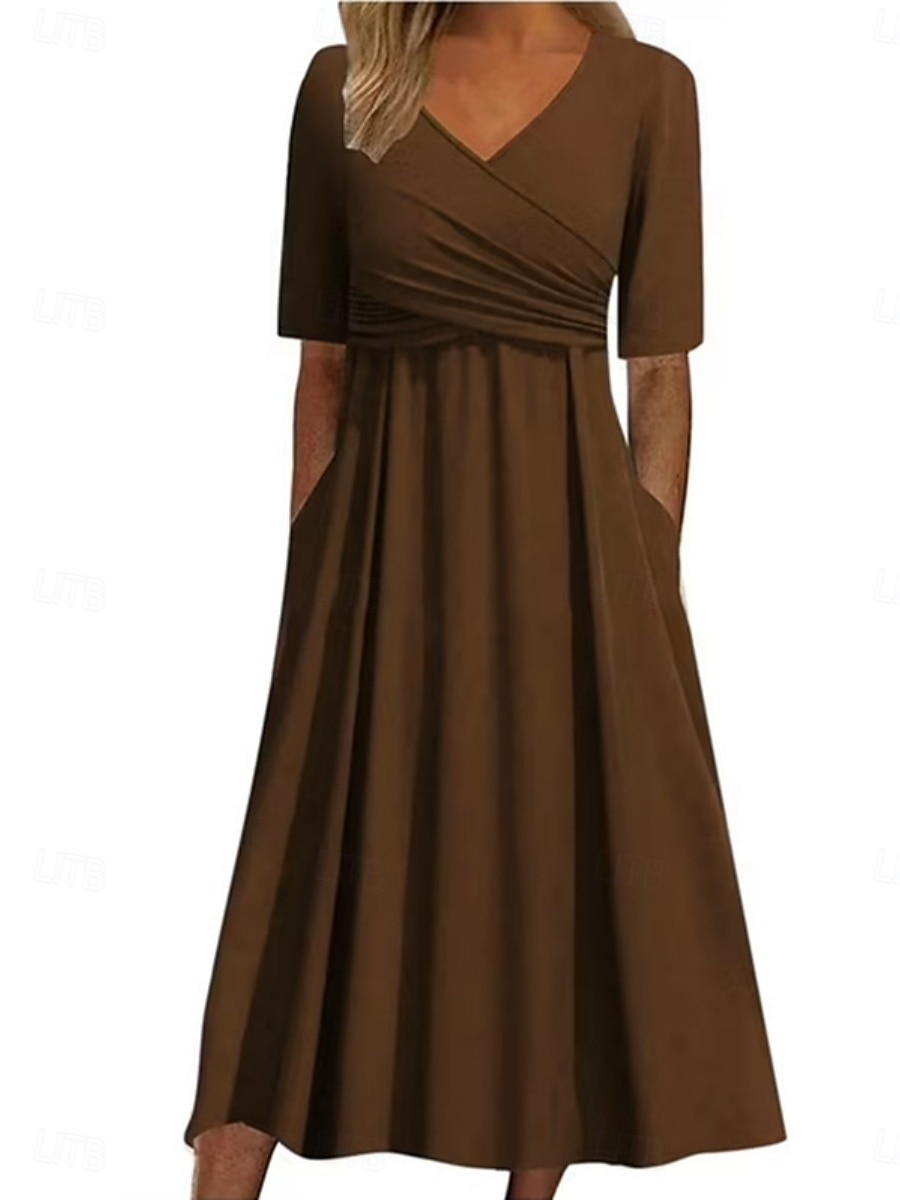 Women's Midi Dress Casual Dress Wrap Dress Elegant Fashion Modern Outdoor Vacation Going out Regular Fit Plain Short Sleeve V Neck Blue Black Red Brown Summer Spring 2026 - $28.99 –P5