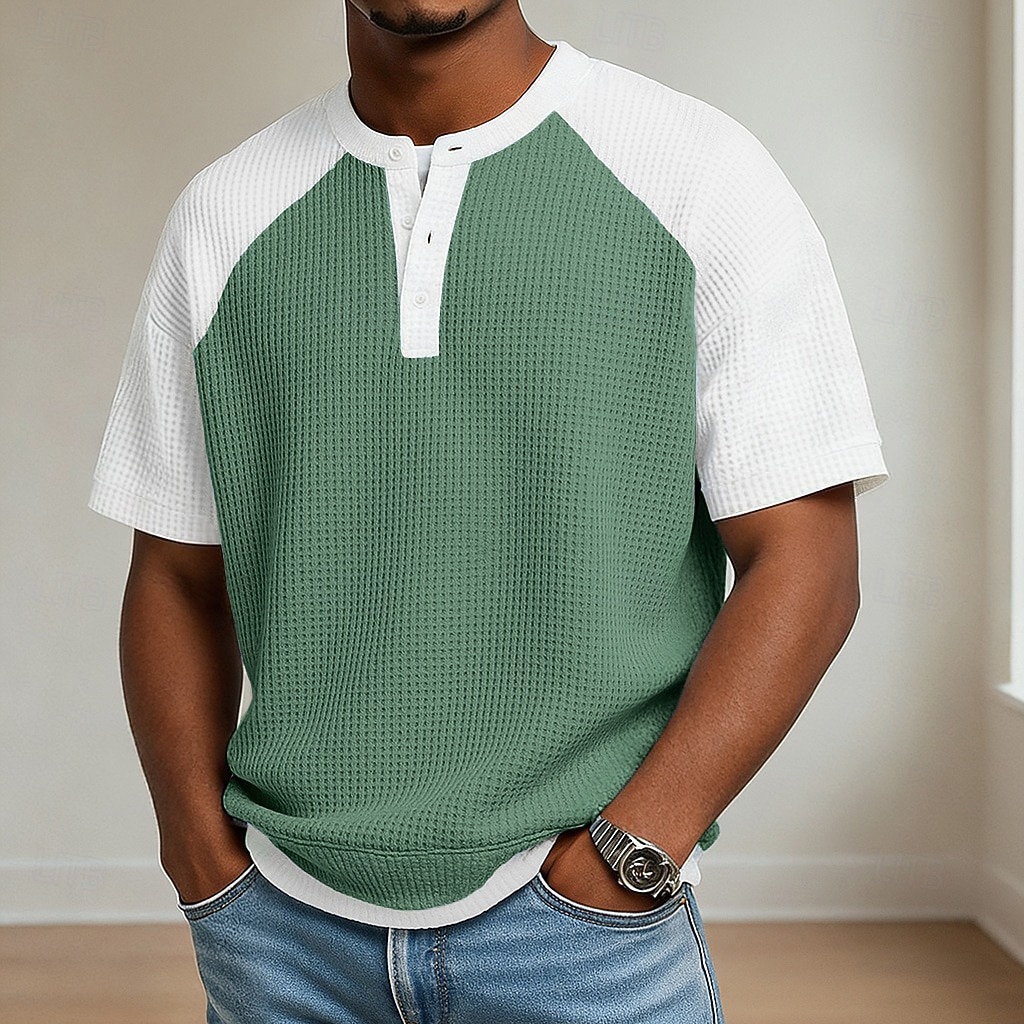 Heren Wafel T-shirt T-shirt Korte mouw Henley Zomer Lente Lente zomer Effen Kleur Met Textuur Modieus Ontwerper Casual Kleurenblok Gebreid Casual Dagelijks Buiten Licht Blauw Lichtgroen Paars Top 2026 - $22.99 –P3