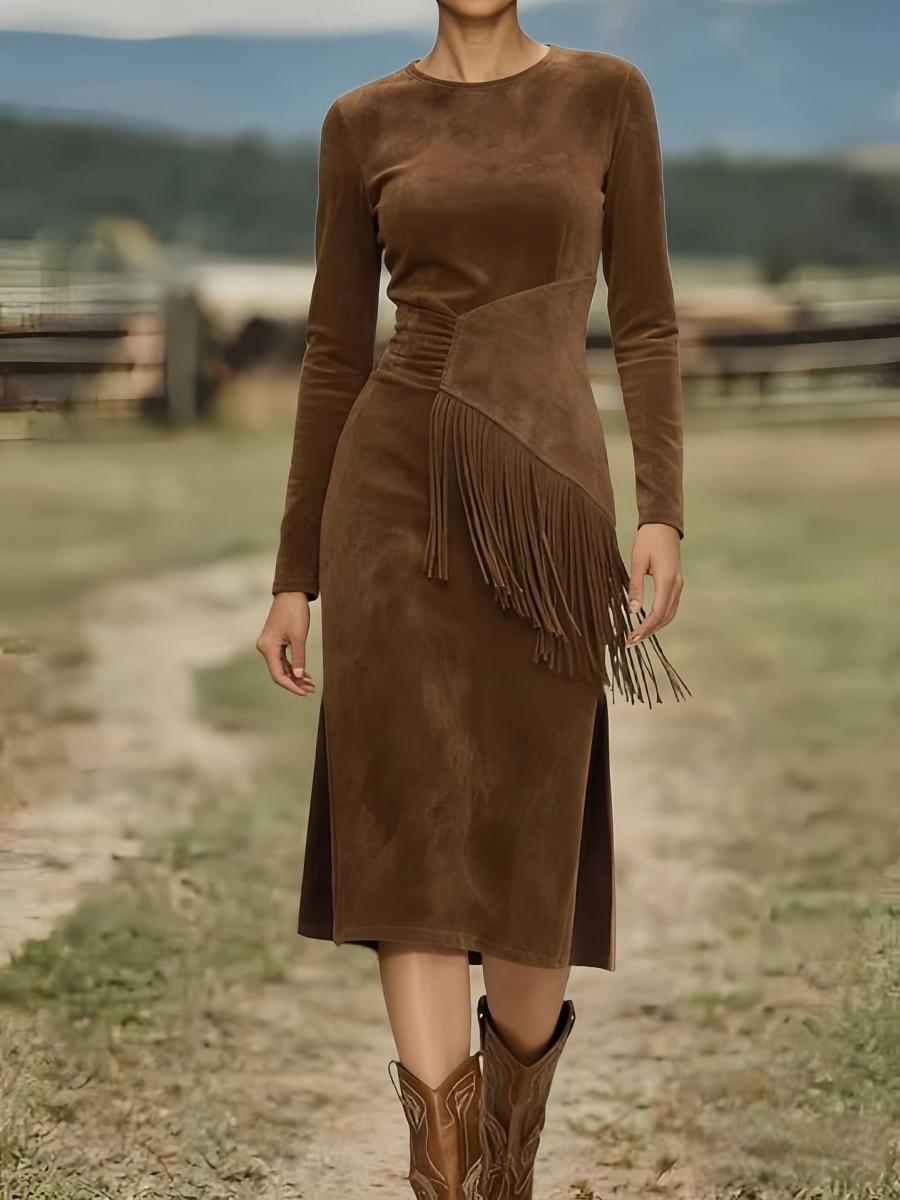 Damen Midikleid Langes Kleid Maxikleid Vintage-Kleid Kleid aus Wildlederimitat Vintage Mode Täglich Outdoor Urlaub Normale Passform Einfach Langarm Rundhalsausschnitt Schwarz Braun Aprikose Sommer 2026 - $34.99 –P2