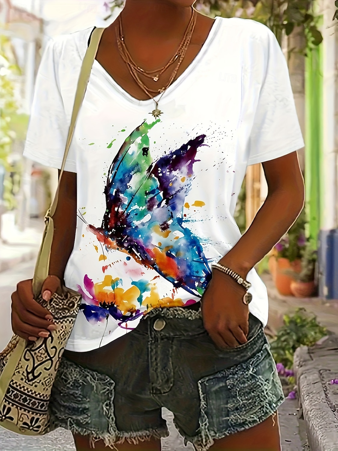 Dames T-shirt Afdrukken Grafisch Libel Vintage Stijlvol Klassiek Korte mouw V-hals Normale tops Dagelijks blauw Wit Oranje Zomer Lente 2026 - $21.99 –P3
