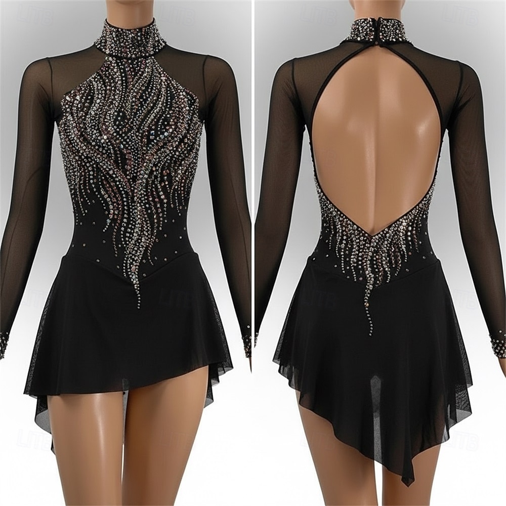 Figure Skating Dress Women's Ice Skating Dress Black Patchwork Open Back Stretchy Training Competition Skating Wear Classic Crystal / Rhinestone Long Sleeve Ice Skating Figure Skating 2026 - $266.99 –P1