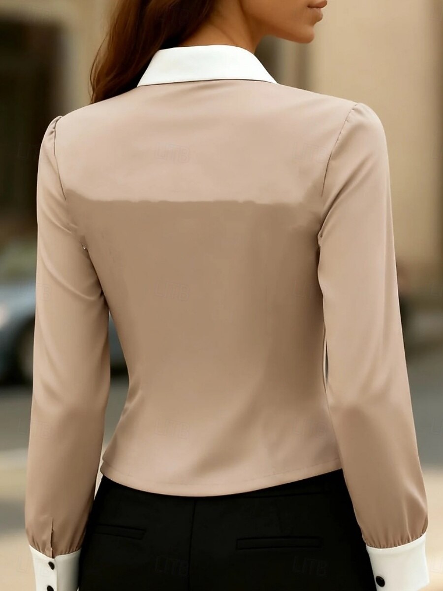 Жен. Блуза Пэчворк Пуговицы Контрастных цветов Элегантный стиль Стиль Классика Длинный рукав Рубашечный воротник Обычные топы Повседневные Офис Черный Белый Коричневый Хаки Весна Осень 2026 - $27.99 –P11