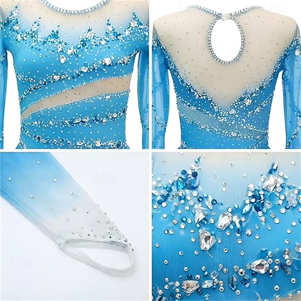Robe de patinage artistique Femmes Patinage Robe Violet Noir Rouge Patchwork Trou de pouce Haute Élasticité Entraînement Compétition Tenue de Patinage Classique cristal pailleté manche longue de 2026 ? $257.99 –P2